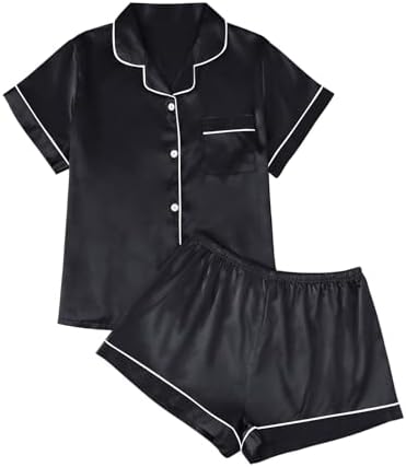 LILLUSORY Silk Satin Pajama Set for Women 2 Piece Lounge Pjs Winter Matching Summer Sleepwear Button Down Shirt Shorts