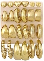 12 Pairs Chunky Gold Hoop Earrings for Women Trendy, Gold Plated Lightweight Hypoallergenic Stack, Thick Open Twisted Huggie Hoops Earring Set