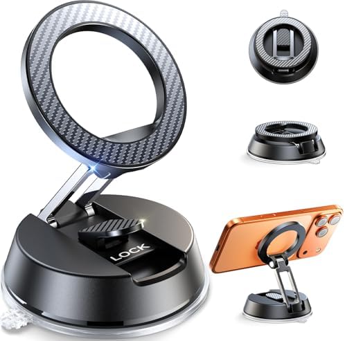 NeverFall Car Phone Holder for MagSafe [78+LBS Ultra Grip | 2400gf Magnetic Power] 360° Foldable Car Mount Cell Phone Holders for Your Car for iPhone 17-12 All Smartphones, Carbon Fiber, with Base Pad
