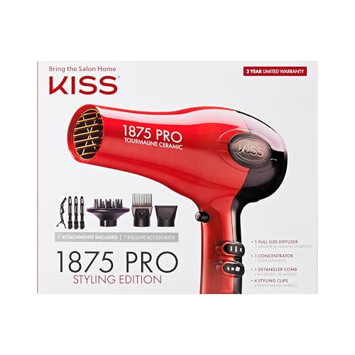 KISS 1875 Watt Pro Tourmaline Ceramic Hair Dryer, Styling Edition, 3 Heat Settings, 2 Speed Settings, Cool Shot Button, 7 Blow Dryer Accessories Included, 2-Year Warranty - Red