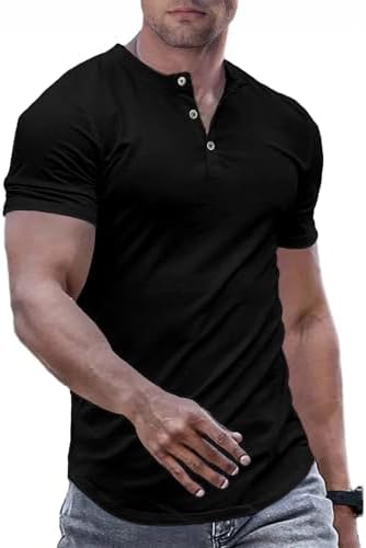 JMIERR Men's Muscle Slim Henley Shirts Crewneck Longline T-Shirt Gym Workout Athletic Shirt Tees with Button