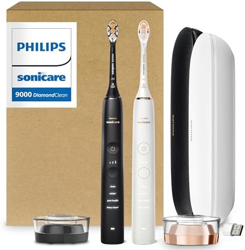 Philips Sonicare DiamondClean 9000 Electric Toothbrush - Sonic Toothbrush with App, Pressure Sensor, 12 Brushing Settings, Replacement Reminder, USB Charging Case, Black & Rose Gold, 2-Pack, HX9912/71