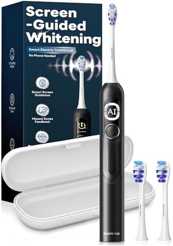 SAKYPRORAL AI Sonic Electric Toothbrush for Adults with Brushing Score & Smart Timer Display, 6-Zone Tracking, Rechargeable Whitening Brush with Soft Heads (Midnight Black)