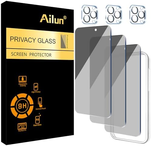 Ailun 3Pack Privacy Screen Protector for iPhone 15 Pro Max [6.7 inch]+3Pack Camera Lens Protector with Installation Frame,Dynamic Island Compatible,Anti Spy Tempered Glass[9H Hardness]-HD | Sensor Pro