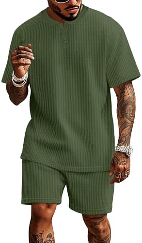 Men's 2 Piece Outfits Casual Shirt and Shorts Set Waffle Short Sleeve Henley Summer Tracksuit with Pockets