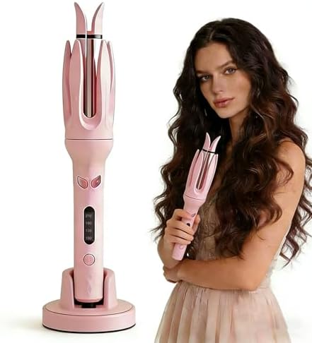 Automatic Curler, Professional Auto-Rotating Curling Iron with LCD Screen 28mm for Barrel Rotating Curling Wand 4 Temps & 15s Timer, Fast Heating Hair Styling Tool(Updated Version Pink)