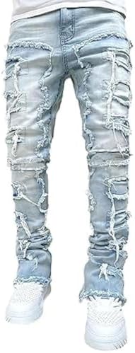 Stacked Jeans Men Skinny Ripped Jeans Slim Fit Patchwork Denim Pants Y2K Goth Harajuku Emo Hip Hop Jeans Trouser