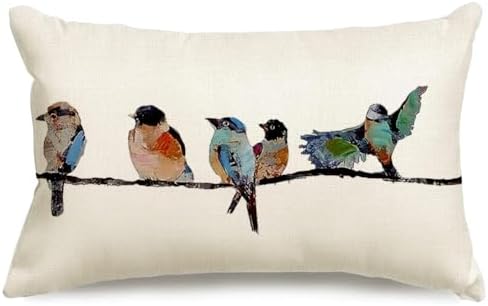RABUSOFA 12x20 Lumbar Pillow Decorative Throw Pillows,Small Hand-Painted Outdoor Birds Pillowcases,Spring Summer Pillows Decorative Throw Cushion Covers Linen for Couch Sofa Teal Blue