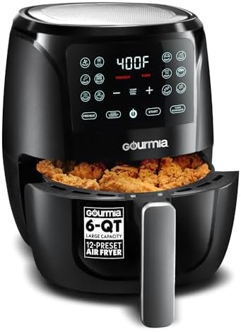 Gourmia Air Fryer - 6 Qt Large Capacity, FryForce 360º, Digital Display with 12 Presets, Roast, Bake, Broil, Dehydrate, Dishwasher Safe Accessories, Black