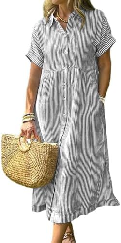 chouyatou Women's Summer Striped Midi Long Shirt Dress Casual Loose Short Sleeve Button Down Dress
