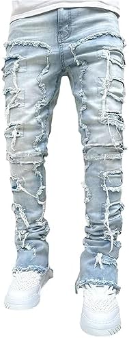 YEOU Men's Stacked Skinny Jeans - Y2K Harajuku Style Ripped Denim Pants with High Waist