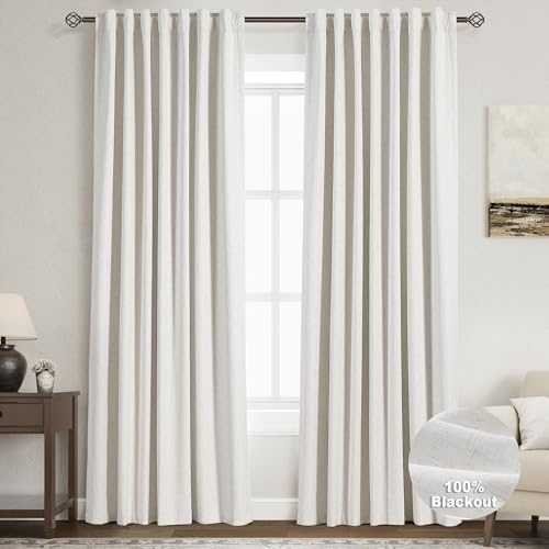 Nanspring Cream 100% Blackout Linen Curtains 84 Inch Length 2 Panels Set for Bedroom Back Tab Neutral Boho Modern Farmhouse Decor Black Out Curtain for Living Room Natural Ivory Luxury Drapes 52x84