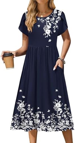 Zeagoo Women Summer Short Sleeve Midi Dress with Pockets Casual Aline Flowy Tshirt Dress Floral Vocation Beach Sundress