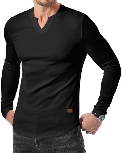 JMIERR Mens Long Sleeve Muscle T Shirts Casual V-Neck Longline Ribbed Tee Shirts