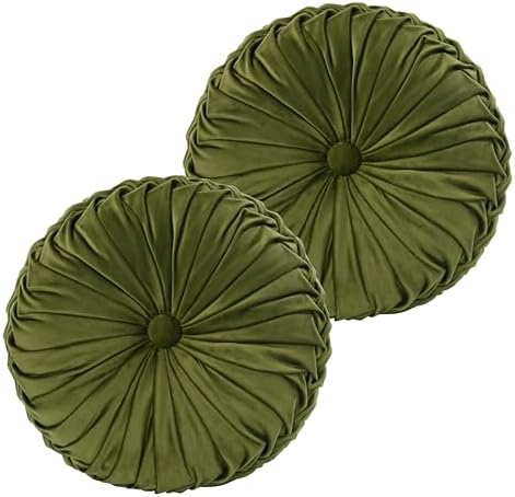HIG Set of 2 Decorative Round Pleated Throw Pillows, Classy Accent Pumpkin Throw Pillows with Center Button, Vintage Velvet Floor Pillows for Sofa Couch Vanity Chair Bed, Olive, 14.5" Diameter(Ripple)