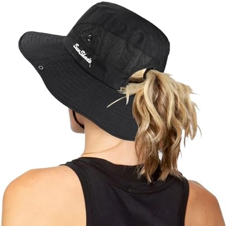 Women's Outdoor UV-Protection-Foldable Sun-Hats Mesh Wide-Brim Beach Fishing Hat with Ponytail-Hole