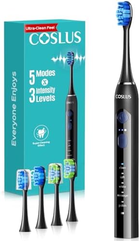 COSLUS C30 Electric Toothbrush for Adults: 3 Intensities & 5 Modes Customized for Effective Yet Gentle Ultra-Clean Feel, 2 Types of Heads for Gentle or Daily Care, Travel & Home Use, Black, 1PC
