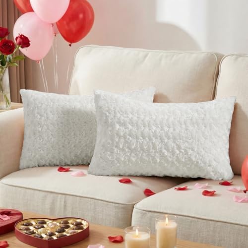 FUTEI White Decorative Throw Pillow Covers 12x20 Inch Set of 2,Soft Solid Rose Swirl Textured Lumbar Pillow Case,Valentine's Day Decor for Couch Living Room