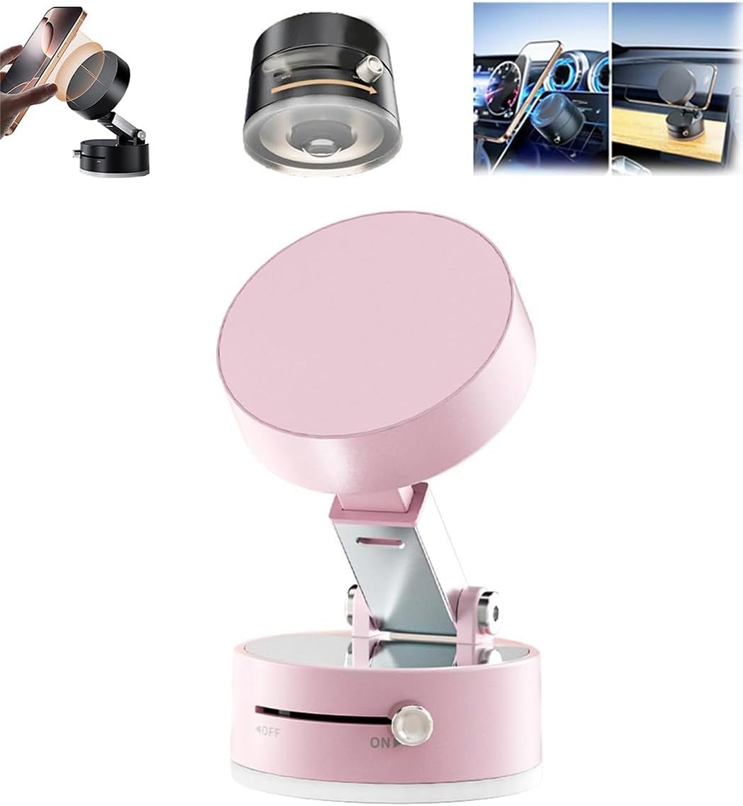 Oudvaker Foldable Magnetic Vacuum Phone Holder, 360° Electric Suction Car Mount, Double-Sided Swivel Stand for Car, Mirror, Gym, Kitchen, Hands-Free Portable Phone Holder (Pink)