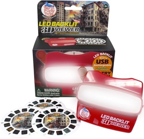 WARM FUZZY Toys LED Backlit 3D Viewer – (Natural Disasters) – New 2025 USB-C Rechargeable Viewer for Kids & Adults Includes 3 Reels with 21 HD 3D Images - Patent Pending Retro Toy