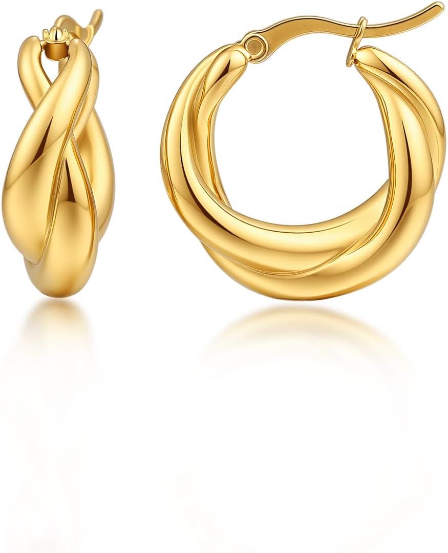 Gold Twist Hoop Earrings,Stainless Steel Croissant French Style Hoops Earring for Her
