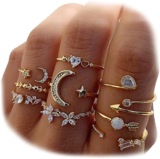 KISS WIFE Gold Stackable Moon Star Knuckle Rings Set for Women, Boho Dainty Lightweight Stacking Rings, Vintage Midi Rings Pack, Trendy Jewelry