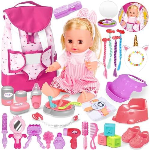 Baby Care Doll Toys Set, 36PCS Dolls Playset, Hair Salon Pretend Play Toddler Doll Toys Incl 14'' Baby Dolls Toy, Backpack, Hair Dryer, Curler, Xmas Gifts for Age 3 4 5 6+ Years Old Girls Kids