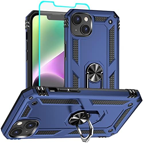 Aozuoton iPhone 14 Case with HD Screen Protector, Military Grade 16ft. Drop Tested Ring Shockproof Protective Phone Case for iPhone 14, Blue