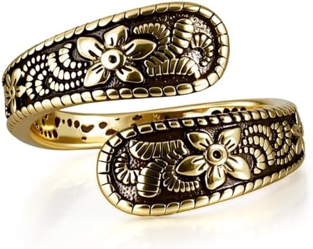 Vintage 14K Gold Plated and Silver Spoon Ring – Adjustable Ring with Carving Design for Women, Unique Boho Open Ring for Gift