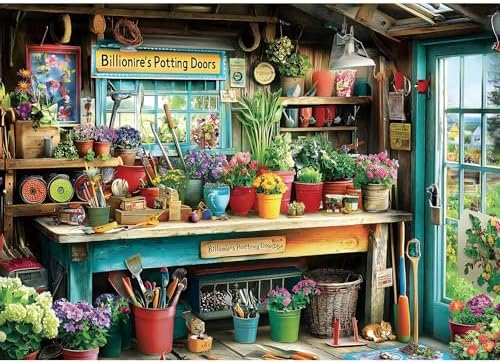 MINIWAN Billionaire's Potting Shed Garden Puzzles for Adults 1000 Pieces, Cozy Gardener's Workbench with Flowers Cat Jigsaw Puzzle, Gift for Garden & Cottagecore Lovers 27.5x19.7 Inch