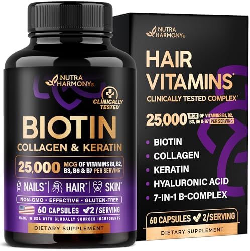 NUTRAHARMONY Biotin | Collagen | Hyaluronic Acid | Keratin - Support Normal Hair Growth Cycle - Skin & Nails - 25000mcg Vitamins B1, B2, B3, B6 & B7 - for Women & Men - Made in USA | 60 Capsules