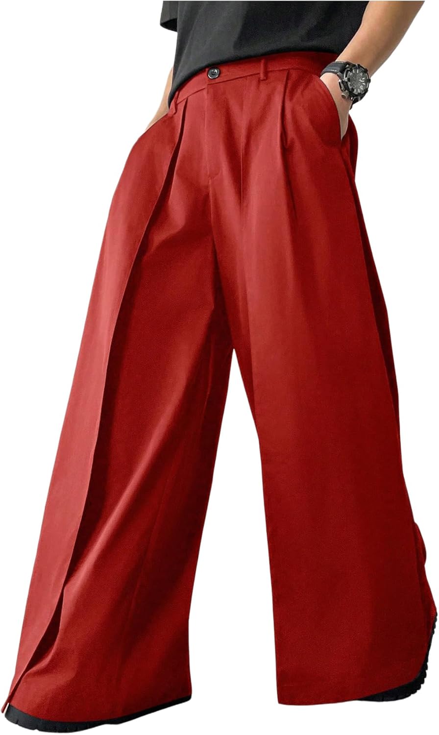 OYOANGLE Men's Baggy Wide Leg Pants Zipper Fly Pleated Trousers Business Casual Dress Pants with Pocket