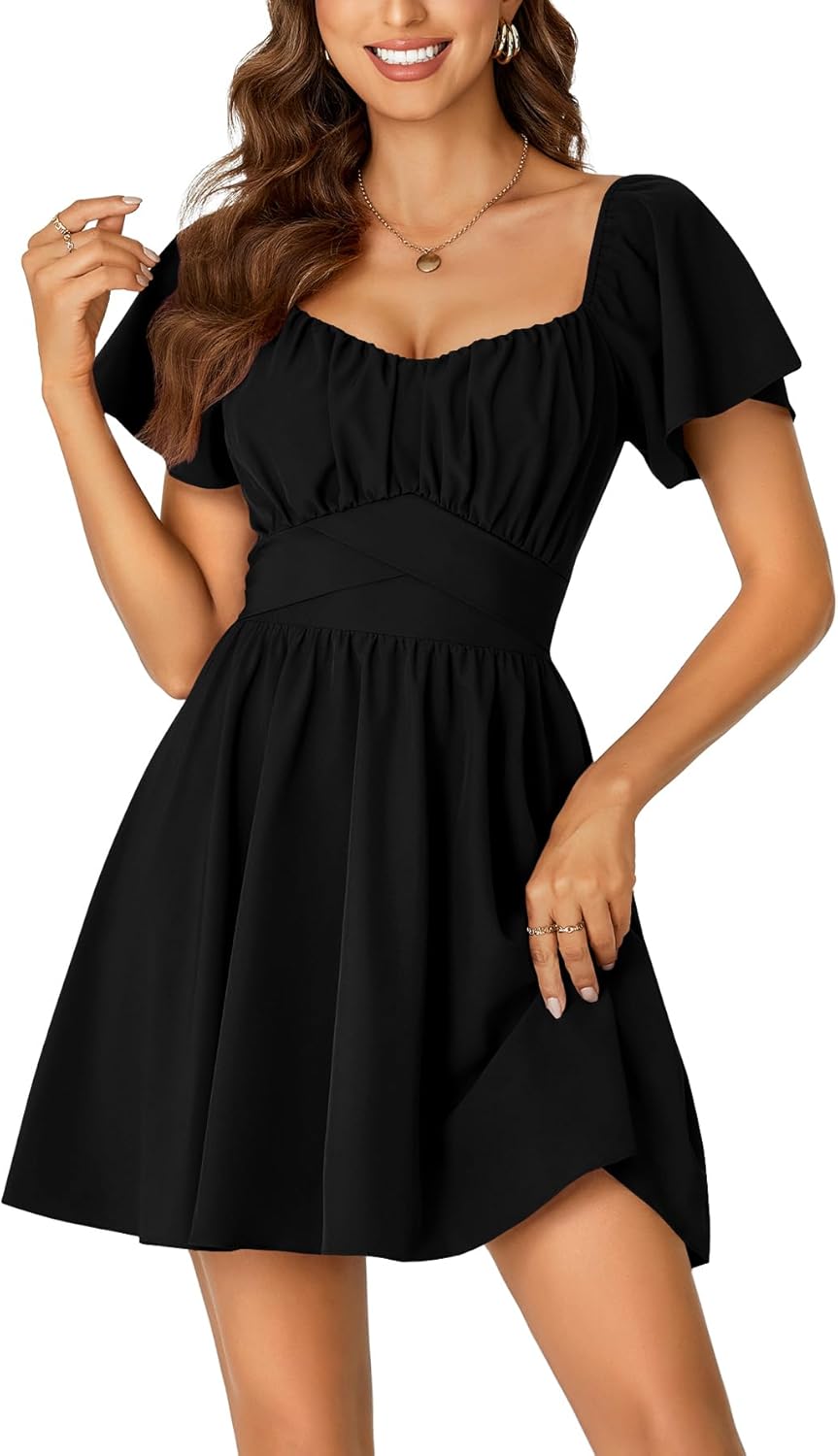 Rooscier Women's Tie Back Square Neck Wrap Ruffle Short Sleeve Flare Mini Dress