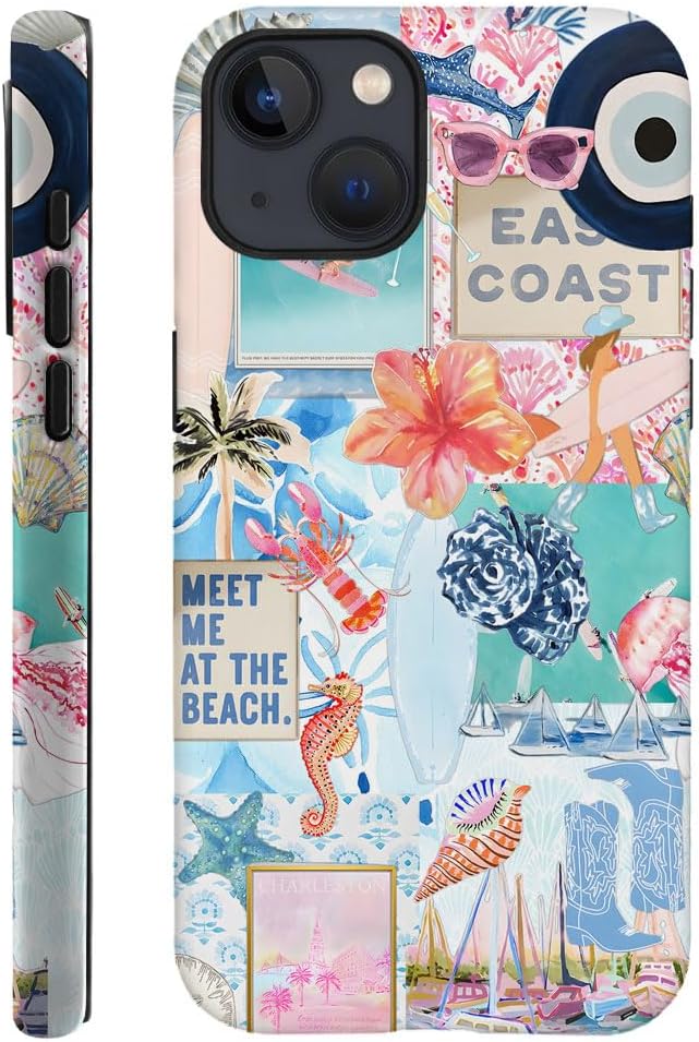 Generic Case Compatible with iPhone 14,Scratch Resistant Hybrid 2-Layer Hard Shell Phone Case,Seashells Beach Summer Jellyfish Collage