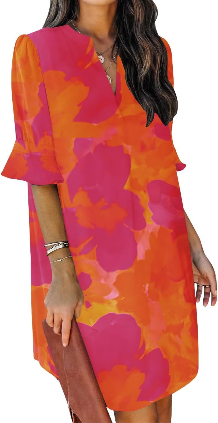 QACOHU Summer Dresses for Women V Neck Ruffle Short Sleeve Casual Shift Dress