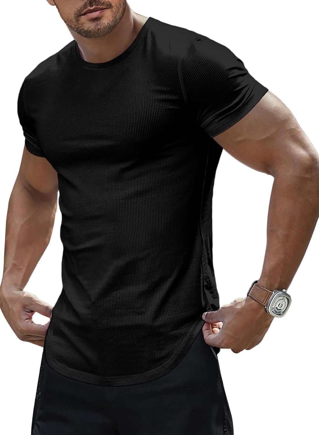 JMIERR Mens Short Sleeve T Shirt Summer Muscle Slim Fitted Crewneck Longline Tees Shirts for Gym Workout