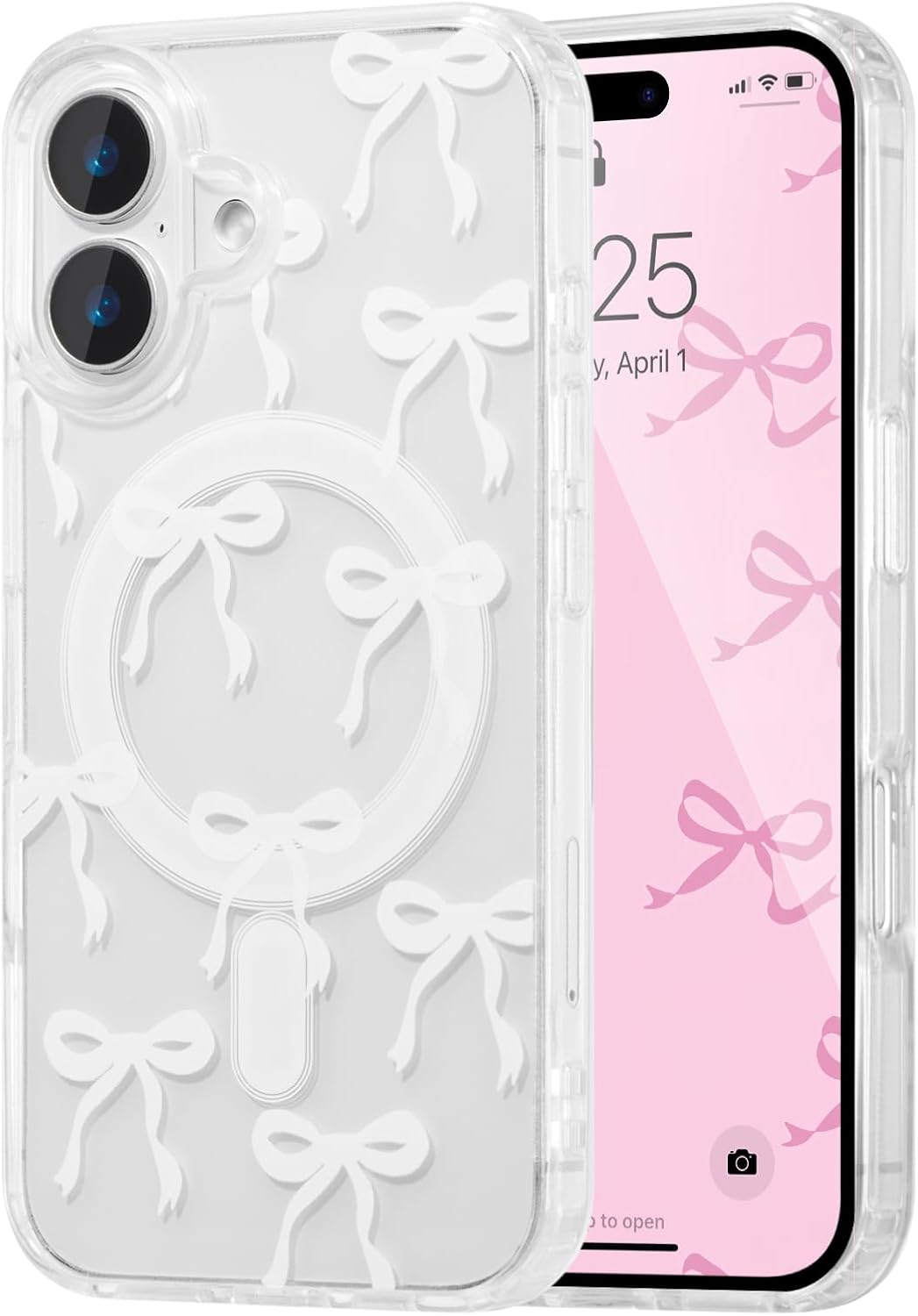 UEEBAI Magnetic for iPhone 17 Case, Bow Case Compatible with MagSafe, Wireless Slim Clear Ribbon Aesthetic Phone Cover Anti-Yellowing Shockproof Protective Cover for Women Girl - White