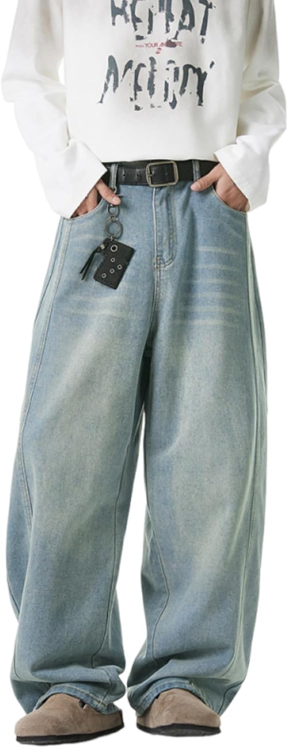 Baggy Hip Hop Jeans for Men Wide Leg Skater Denim Pants Casual Loose Fit Long Trousers