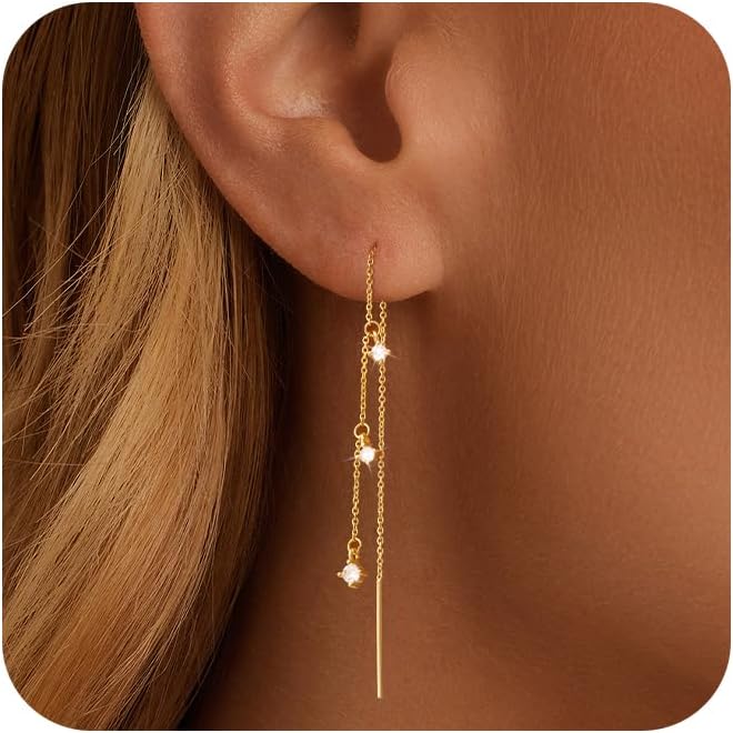 NECOCY Prom Earrings Dangle Earrings for Women 14K Gold Plated Drop Earrings Dainty Long Hanging Chain CZ Pearl Threader Earrings Trendy Silver Plated Jewelry for Women