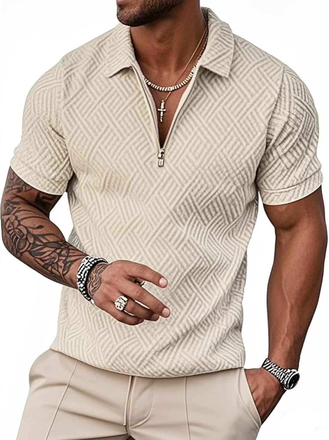 UOUA Men's Zipper Polo Shirts Short Sleeve Sweatshirts Soild Color Tops Striped Texture Casual Golf T