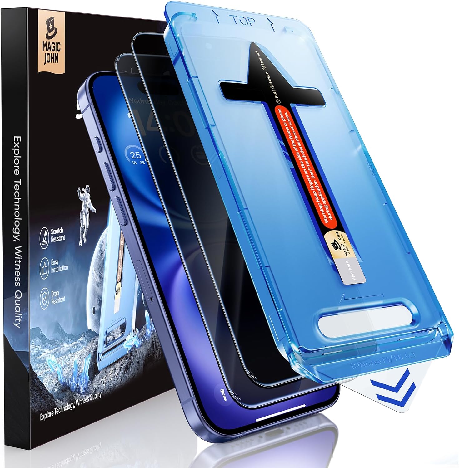 MAGIC JOHN 2 Pack for iPhone 16 (6.1) inch Privacy Tempered Glass Screen Protector, Auto Dust-Elimination, Bubble Free, Easy Installation
