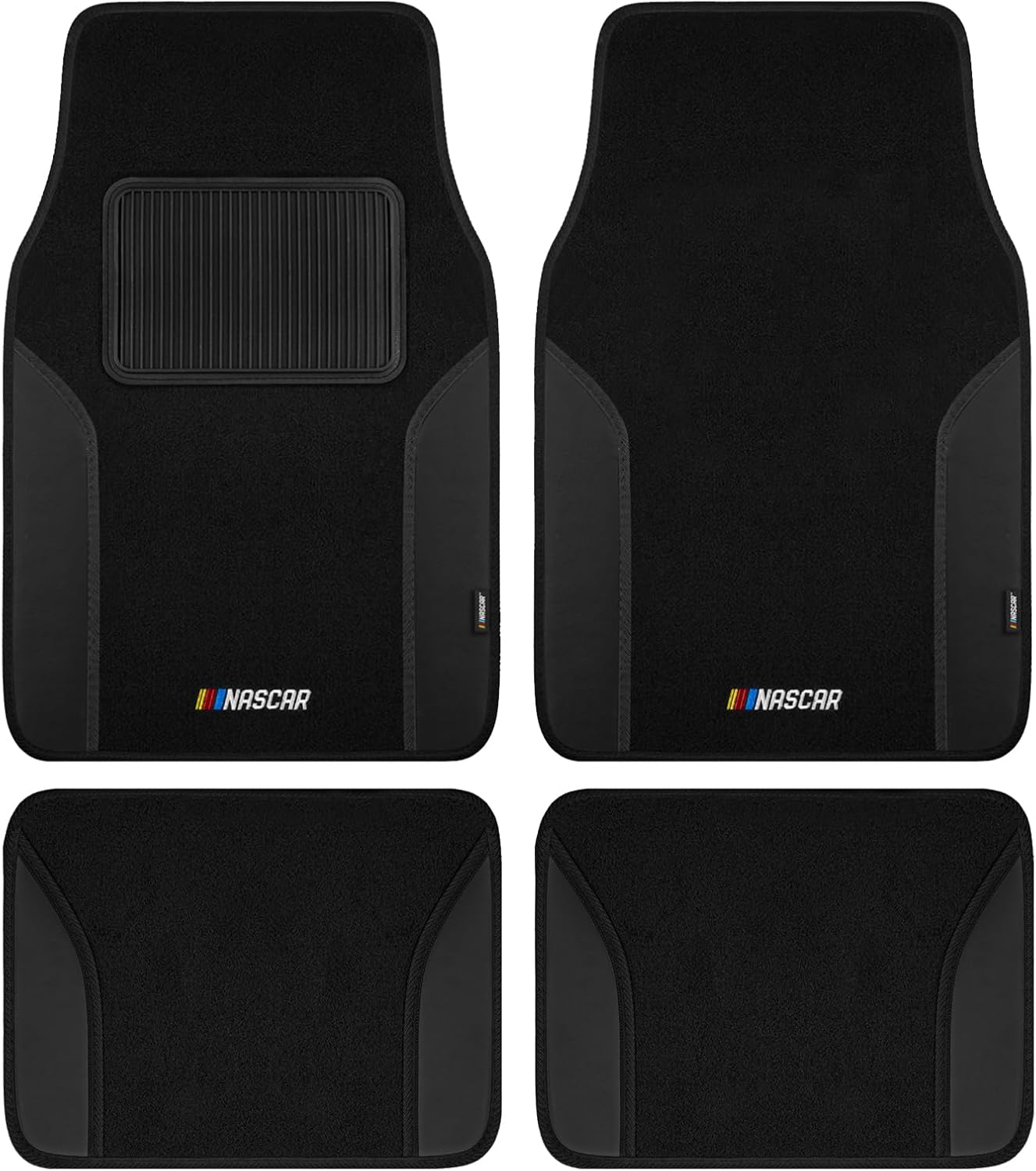 NASCAR Car Floor Mats, Carpet &amp; Black Leather Design Car Mats, Universal-Fit All-Weather Car Floor Mats with Built-in Heel Pad &amp; Anti-Slip Backing, Durable Odorless Automotive Interior Accesso