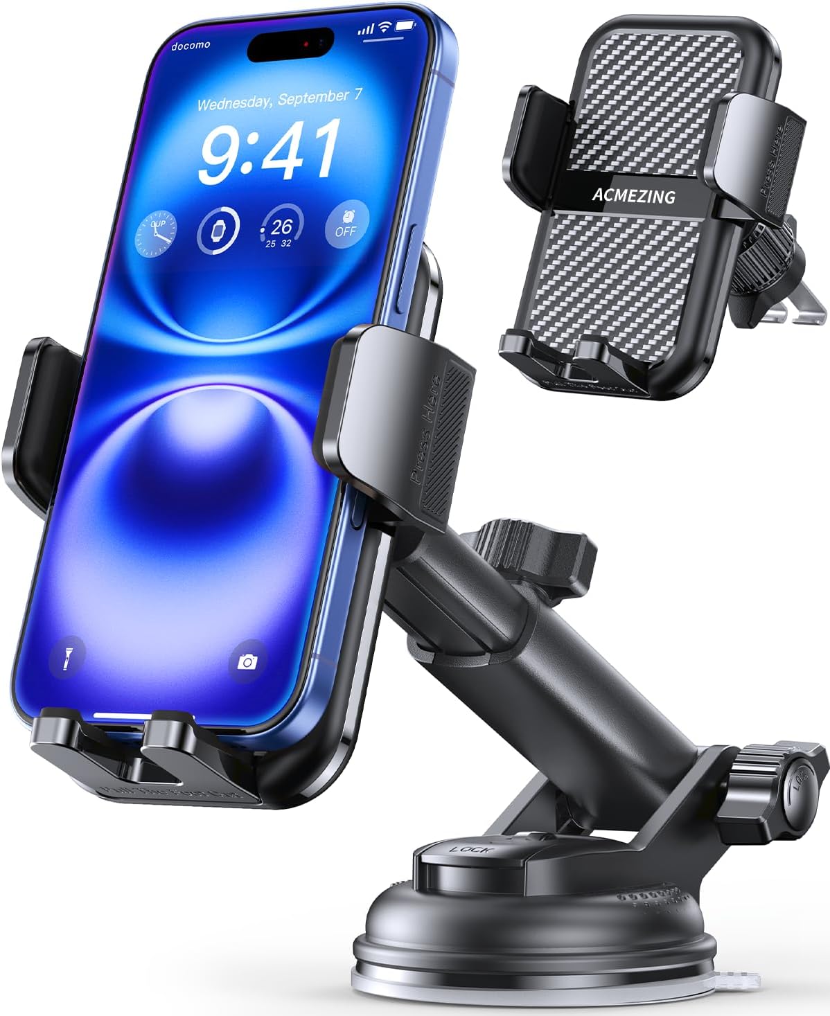3-in-1 Car Phone Holder [122+LBS Strongest Suction &amp; Stable Clamp Arm] 360° Adjustable Car Phone Mount, Cell Phone Holders for Your Car for Dashboard Vent, All Smartphones &amp; Car Models