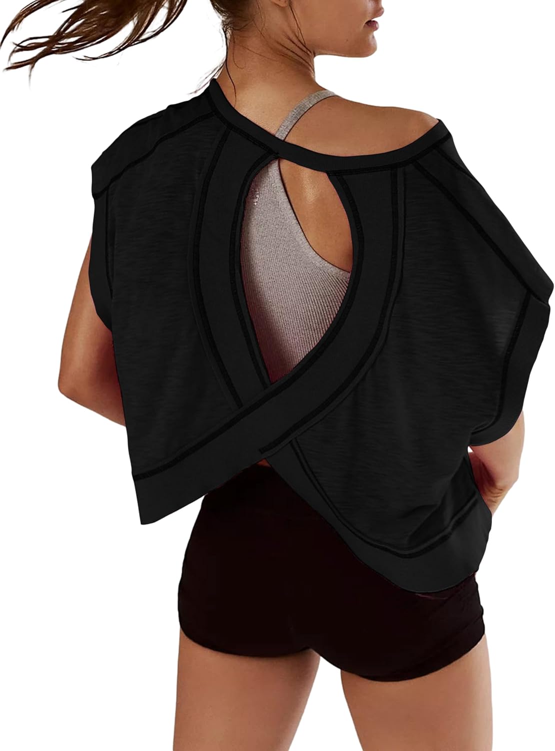 Kumufenc Women Short Sleeve Workout Shirts Open Back Tops Casual Yoga Y2k Athletic Gym Slouchy Crop Running Tees
