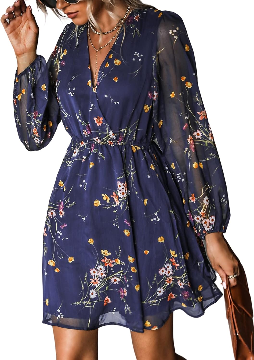 CUPSHE Women's Mini Dresses Casual Spring V Neck Chiffon Long Peasant Sleeves Flowy Spring Dress