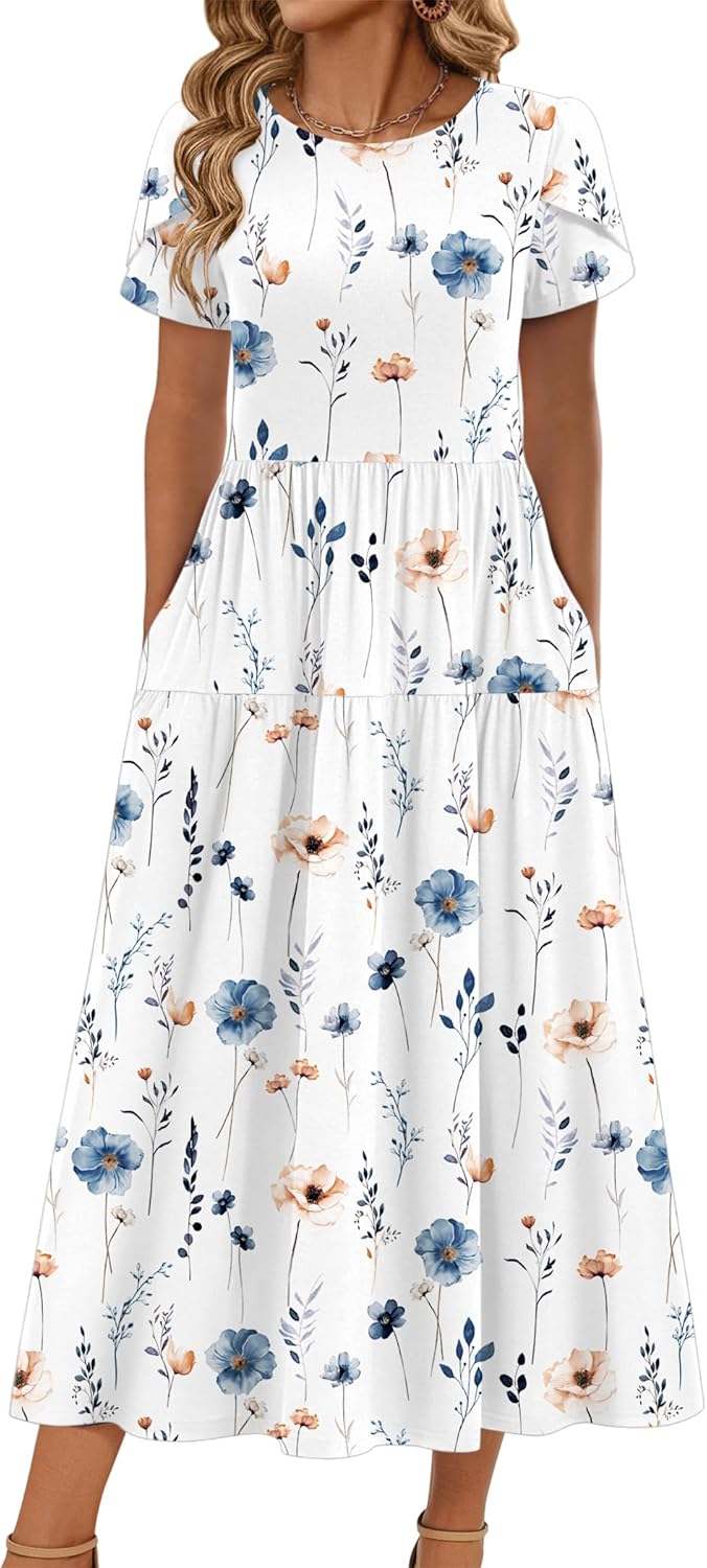Zeagoo Summer Dresses for Women 2026 Maxi Bohemian Floral Short Sleeve Long Dress Casual Flowy Tired Beach Sundress