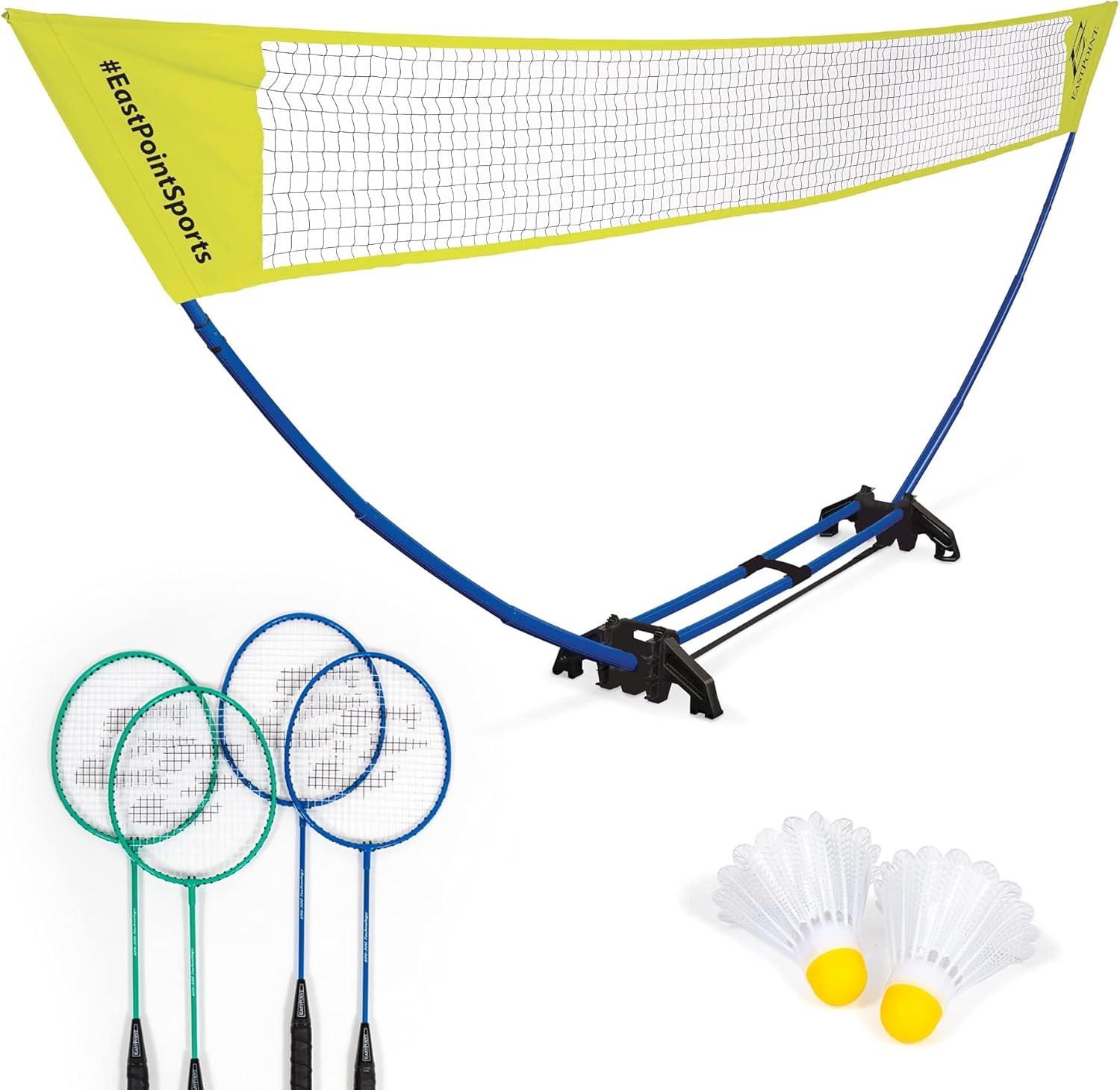 EastPoint Easy Setup Badminton Set - 5 ft Net, 4 Rackets, 2 Shuttlecocks - Quick Setup Net for Backyard Games - Steel Shaft Badminton Rackets for Family Games - Durable Shuttlecocks for Outdoor Sports