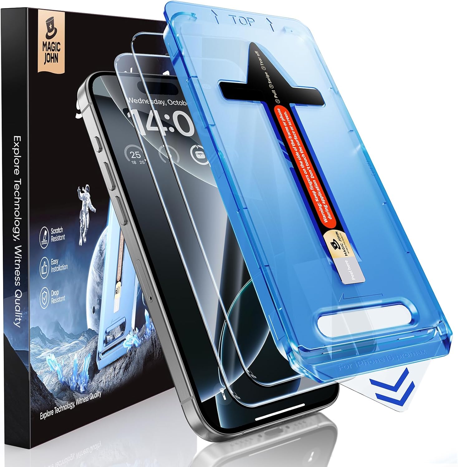 MAGIC JOHN 2 Pack for iPhone 16 Pro Max 6.9 inch Tempered Glass Screen Protector, HD Clear, Bubble Free, Easy Installation, Auto Dust-Elimination