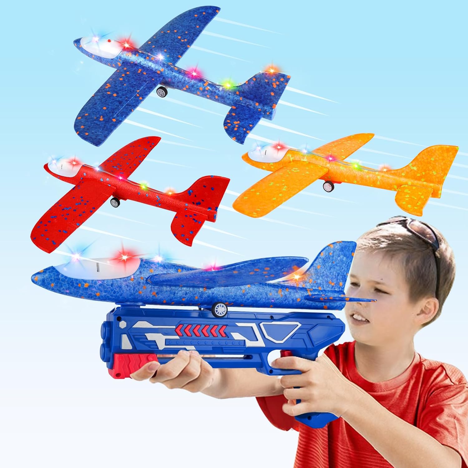3 Pack Airplane Launcher Toy, 12.6" Foam Glider Led Plane, 2 Flight Mode Catapult Plane for Kids Outdoor Sport Flying Toys Gifts for 3 4 5 6 7 8 9 10 12 Year Old Boys Girls