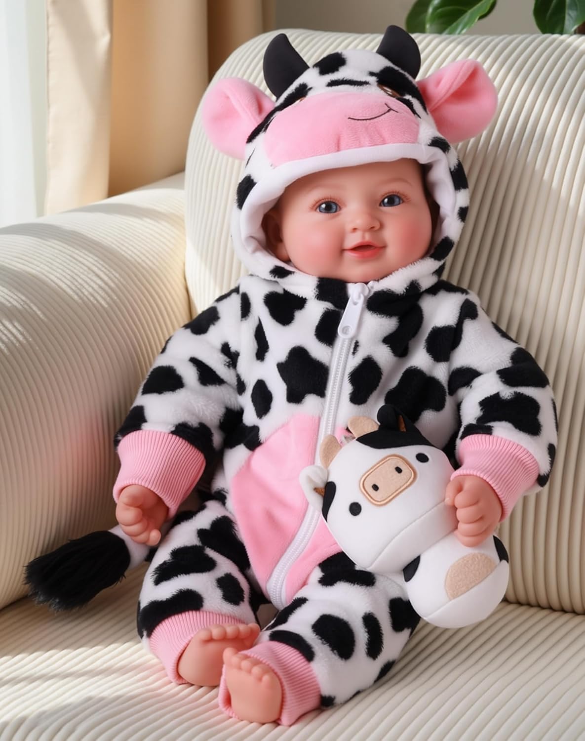 BABESIDE Baby Doll Girl - 17-Inch Soft Body Realistic Baby Doll with Blue Eyes and Cow Outfit Lightweight Real Life Baby Dolls for 3+ 4 5 6 7 8 9 Years Girl Birthday Gifts, Pretend Play and Christmas